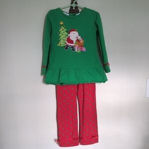 BT Kids 2-Piece Christmas Set Santa Shirt Polks Dot Pants Red Green Girls Size 5